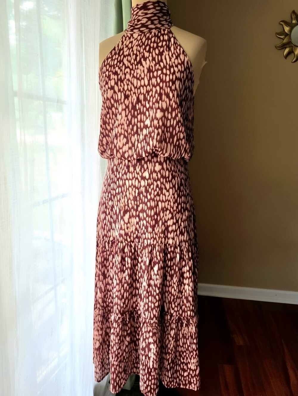 OPT Savina Burgundy Leopard Mock Neck Halter Tiered Midi Dress Womens S Fall